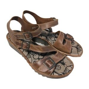 Fly London Women's Elit141Fly Wedge Leather Sandal Camel Bridle Brown Size 39